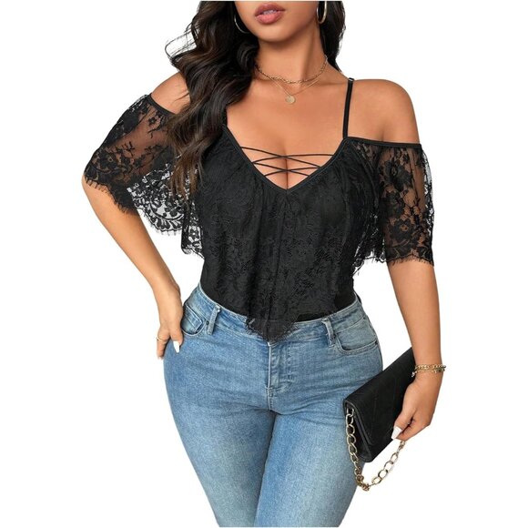 Plus Size Sheer Lace Bodysuit with Cold Shoulder and Deep V Neck - X-Large - Picture 1 of 5